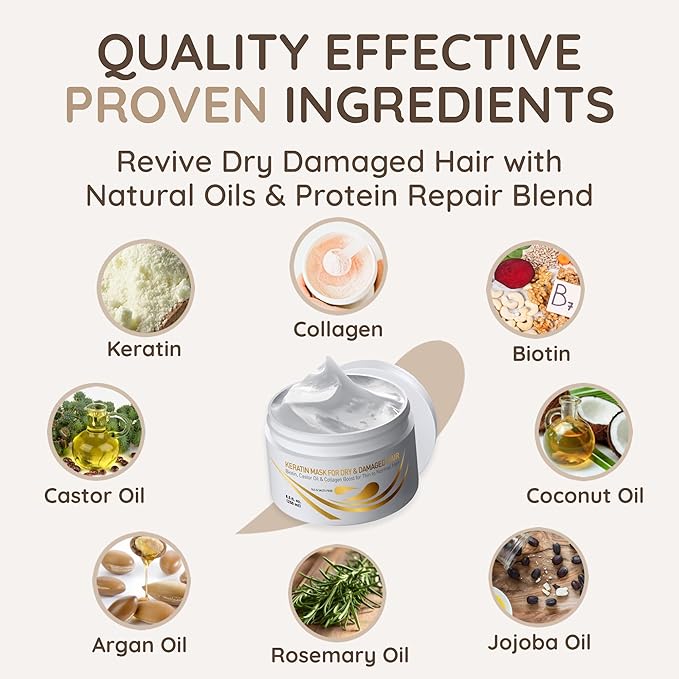 VITAMINS hair cosmetics Keratin Hair Mask - Protein Repair Keratin Treatment - Deep Conditioner for Dry, Damaged, Curly, Straight & Frizzy Hair with Biotin, Collagen & Castor Oil - 8.5 Fl Oz