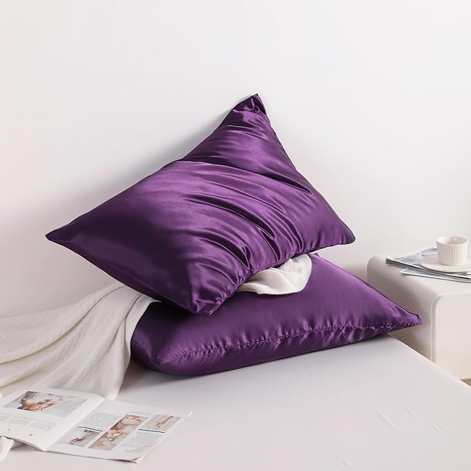 NTBAY 2 Pack Satin King Pillowcases for Hair and Skin, Luxurious and Silky Pillow Cases with Envelope Closure, 20x40 Inches, Eggplant Purple