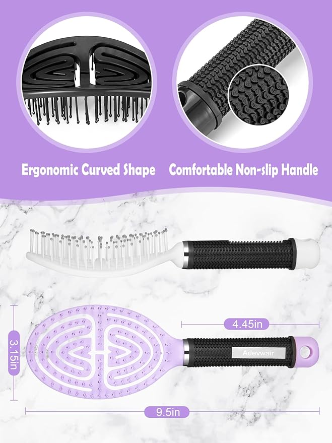 2 Pack Curved Vented Hairbrush,Hair Brush for Faster Blow Drying No Pulling Detangling Paddle Brushes for Women, Men Wet Dry Curly Thick Hair