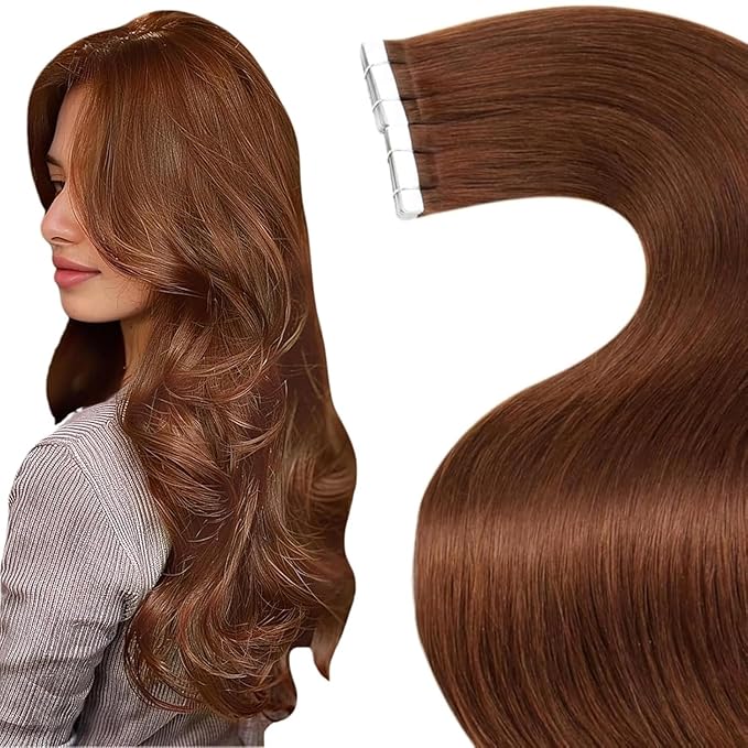 LaaVoo Human Hair Tape in Extensions Auburn Hair Extensions Tapes in Real Human Hair Auburn Brown Tape on Hair Extension Seamless Skin Weft 22inch 20pcs 50g