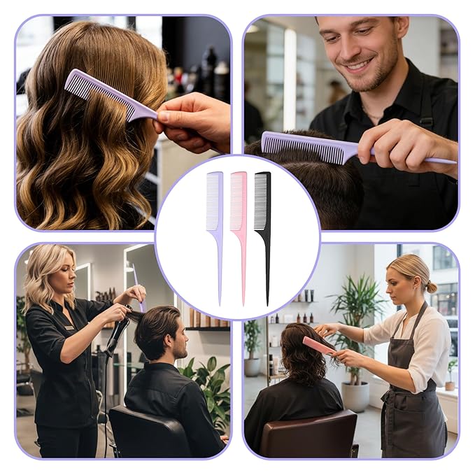 6 Pcs Rat Tail Combs, Fine Tooth Parting Tip for Women, Carbon Fiber Root Teasing Anti Static Hair Comb for Root Teasing Back Combing Adding Volume Evening Styling, Two each of pink, purple, and black
