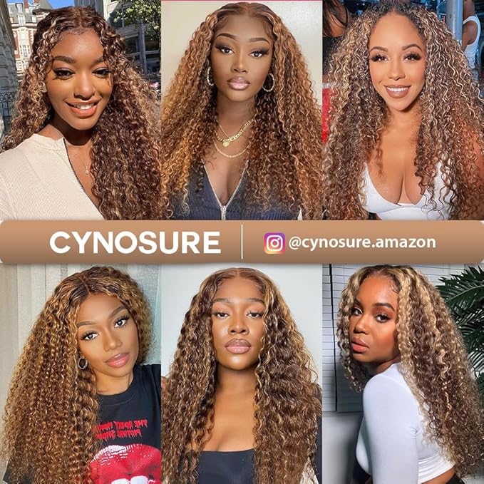 CYNOSURE 16 Inch Highlight Ombre Deep Curly Lace Front Wigs Human Hair Pre Plucked 180 Density Honey Blonde Jerry Curly Wig Human Hair 13x5 HD Transparent Lace Frontal Wigs Human Hair for Women