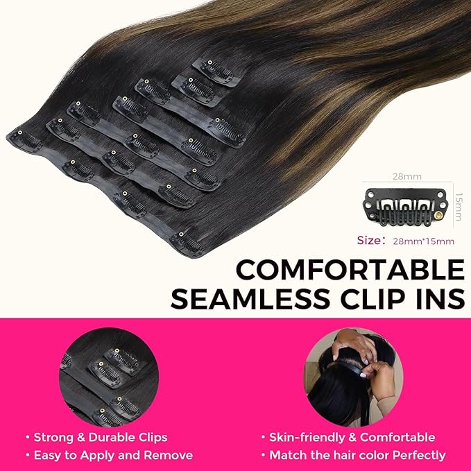 Lashey Hair Seamless Clip in Hair Extensions Human Hair 18 Inch 110g 7pcs Light Yaki Straight Human Hair Clip in Extensions Natural Black Mixed Chestnut Brown Hair Extensions for Women