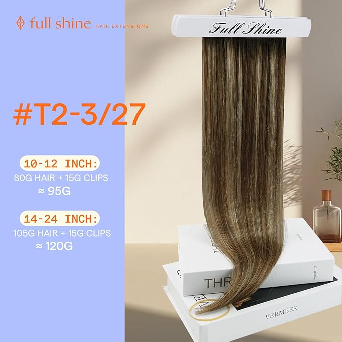 Full Shine Real Human Hair Extensions Clip ins 12 Inch Brown Balayage Clip in Hair Extensions Dark Brown Ombre Caramel Blonde Straight Hair Clip ins 7 Pcs 95 G