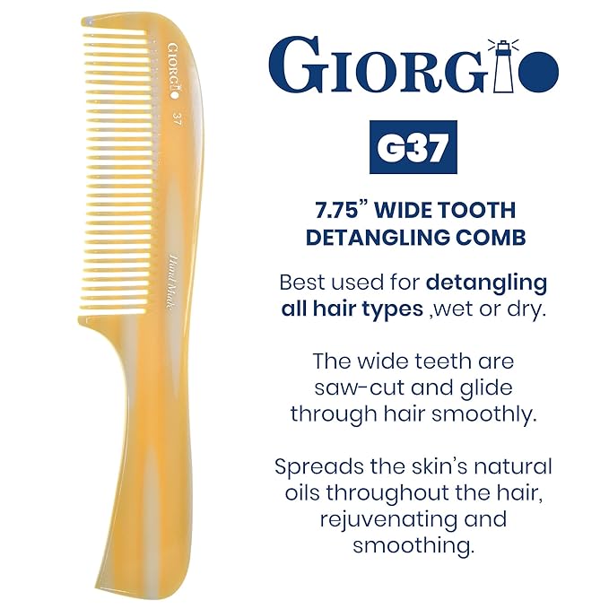 Giorgio G37 Large Coarse Hair Detangling Comb, Wide Teeth for Long Thick Curly Wavy Hair. Wet and Dry Use. Handmade Rake Comb, Saw-Cut from Cellulose, Hand Polished Imitation Horn