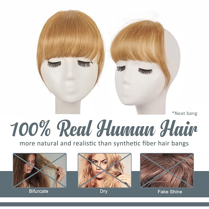 BARSDAR Real Human Hair Clip in Bangs - Blonde Human Hair Clip in Bangs for Women - Golden Blonde Thick Bangs Extensions Fringe with Temples Dyeable Real Hair Bangs Hairpieces - Dark Golden Blond