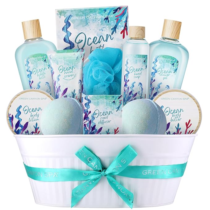 Green Canyon Spa Gift Baskets for Women, Bath and Body Gift Set for Women, 12Pcs Ocean Spa Sets Includes Bubble Bath, Body Lotion,Mothers Day Gifts for Her,Spa Baskets