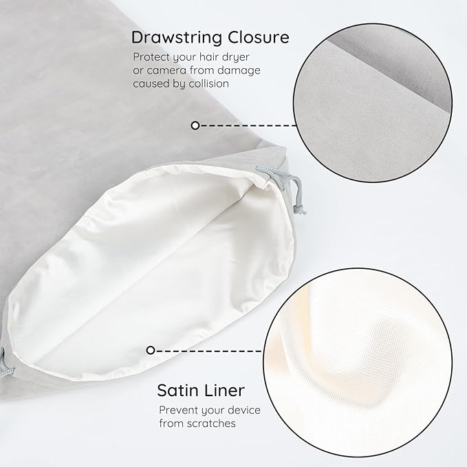 Segbeauty Velvet Satin Bags with Drawstring, 3pcs Gray Travel Organizer Bag for Diffuser Hair Dryer 15.7x11.8in, 40x30cm Drawstring Velvet Bag for Hair Tools, Travel Storage Bags with Satin Liner