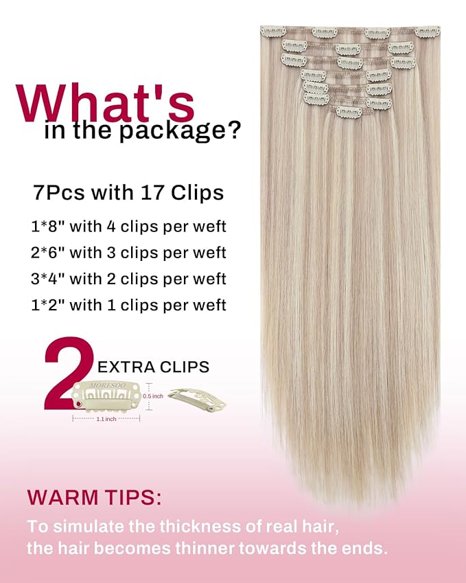 Moresoo Blonde Clip in Hair Extensions Blonde Highlights Human Hair Clip in Extensions Ash Blond with Bleach Blond Remy Human Hair Long 120g/7pcs 22 inch