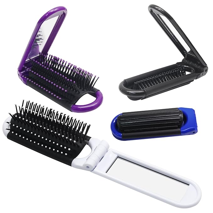 4 Pack Folding Travel Hair Brush with Mirror, Mini Foldable Hairbrush, Portable Pocket Comb with Mirror for Women Girls - Compact Design, Perfect for Travel, Purse, Gym Use - 4 Colors
