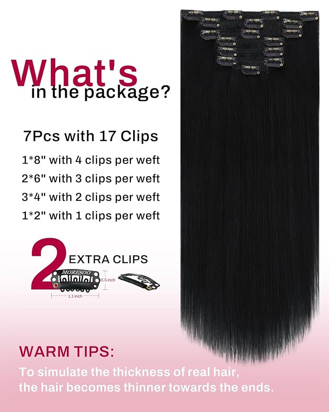 Moresoo 28 Inch Clip in Hair Extensions Black Straight Long for Thick Human Hair Clip in Extensions 160g with Thin Double Wefts Seamless And Even Weight Distribution Jet Black for Daily Use 7 Pieces