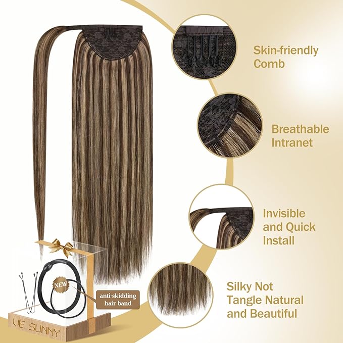 Ve Sunny Hair Extensions Ponytail Real Human Hair Wrap Around Clip in Ponytail Hair Extensions Straight Extensions Human Hair for Women Medium Brown Highlighted Caramel Blonde 16inch 80G 80G