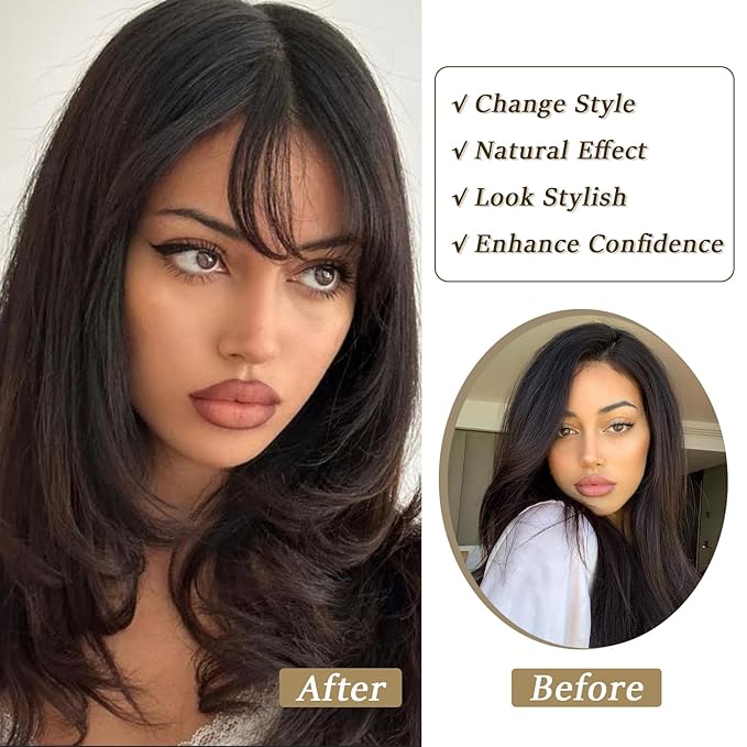 Clip in Bangs Real Human Hair Dark Brown Wispy Bangs Fake Bangs with Fringe Clip on Bangs Curved Bangs Hairpieces for Women Daily Wear