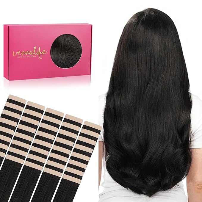 WENNALIFE Tape in Hair Extensions, 16 Inch Natural Black Human Hair, 40pcs 100g Straight Invisible Reusable Real Extensions