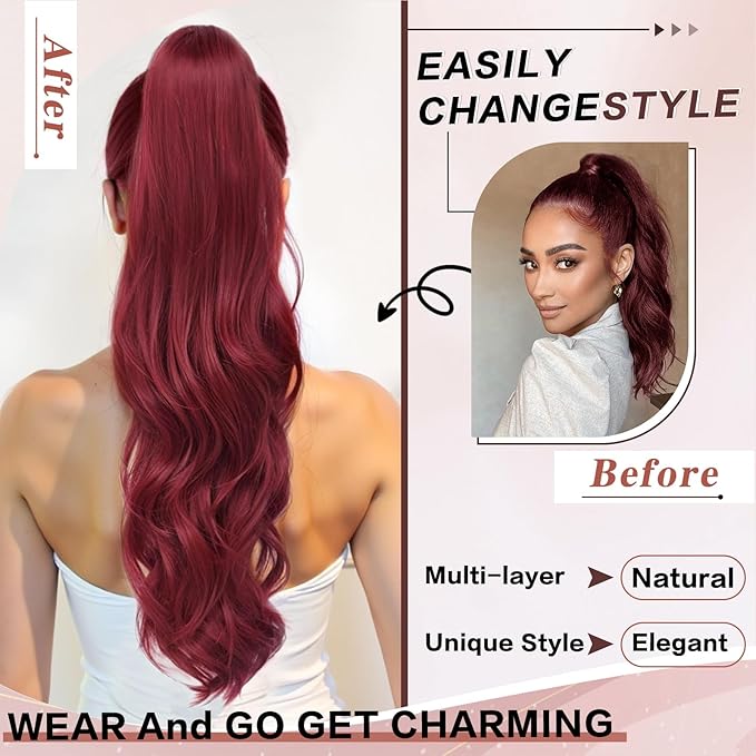 Ponytail Extension, Drawstring Ponytail Extension for Women 26 Inch Long Wavy Pony Tails Hair Extensions Synthetic Clip in Ponytail Hairpiece for Women(Bug)