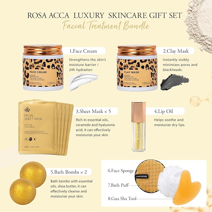 Leopard 32 Pcs Facial Skin Care Set, Spa & Self-Care Gifts, Bath and Body Gifts for Women, Lip Oil, Face Sheet Mask, Bath Oil, Hyaluronic Acid, Birthday, Christmas, Valentines