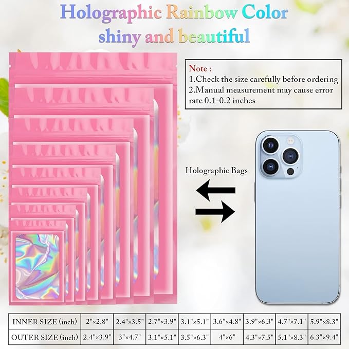 ANZNKU 100 Pcs Smell Proof Mylar Resealable Bags, Holographic Packaging Bags, Resealable Odor Foil Pouch Zip Bag with Clear Window for Food Storage and Lipgloss, Jewelry Lash (Pink, 3.9 x 7.1 Inch)