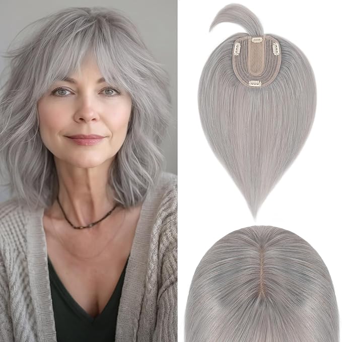 Rich Choices Real Human Hair Toppers for Women With Bang 100% Remy Human Hair Topper for Thinning Hair Clip in Silk Base Hair Topper 14 Inch G1 Grey Silver