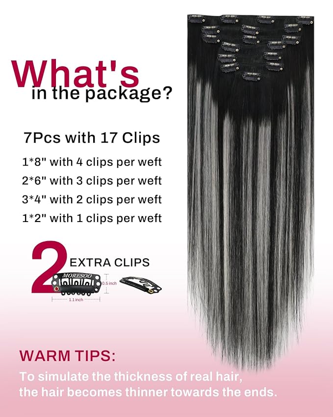 Moresoo Silver Grey Hair Extensions Real Human Hair Clip ins Balayage Natural Black to Silver Clip in Hair Extensions for Volume Remy Human Hair Long Straight Can Be Curled Full Head 120g/7pcs 18in