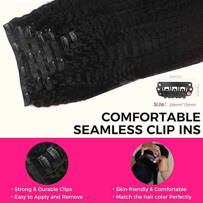 Lashey Seamless Clip in Hair Extensions Human Hair #1 Jet Black Kinky Straight 7pcs 110g 14 Inch PU Weft Hair Extensions Clip ins for Women