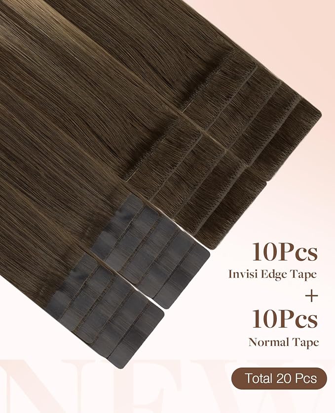 GOO GOO Invisi Edge Tape in Hair Extensions Human Hair, 4/27/4 Balayage Chocolate Brown to Caramel Blonde 10pcs injected with 10pcs classical tape ins, 18inch 50g, Virgin Remy Hair, Natural Look
