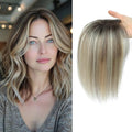 YAMI Hair Toppers for Women Fluffy Human Hair Topper 10inch Handmade Swiss Base Hairpieces 360° Cover Hairloss (Ombre Light Brown with Blond Highlight)