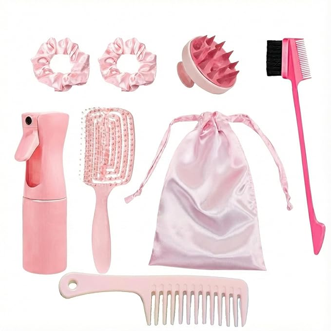 7pcs Hair Essentials Set: Spray Bottle, Detangling Brush, Scalp Massager, Brow & Lash Grooming Tool, Styling Comb, and Fabric Hair Tie - For All Ages and Relaxation at Home
