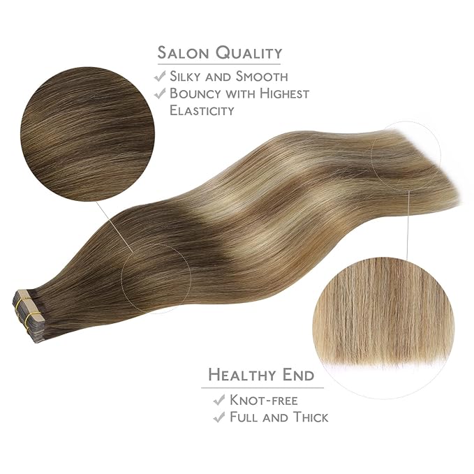 WENNALIFE Tape in Hair Extensions Human Hair, 20pcs 40g 12 inch Ombre Walnut Brown to Ash Brown and Bleach Blonde Remy Hair Extensions Straight Human Hair Tape in Extensions Skin Weft Tape Extensions