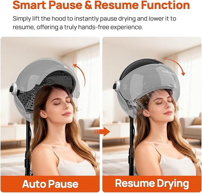 1875W Ionic Standing Hair Dryer, Professional Salon Bonnet Dryer on Wheels, Adjustable Hood & Height, 3 Heat Settings, Quick Shut-Off Rolling Hair Steamer Machine for Deep Conditioning & Styling, Gray