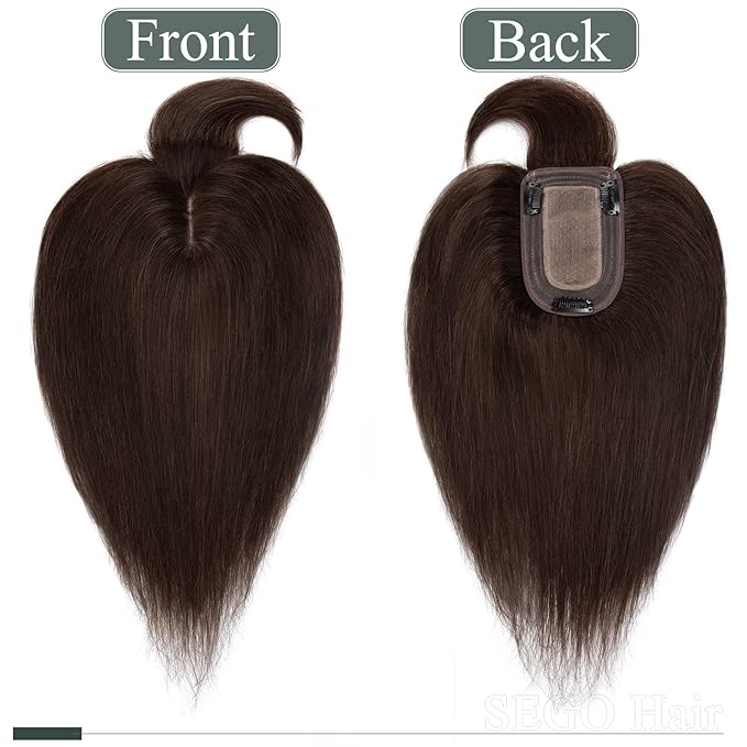 SEGO Hair Toppers for Women Real Human Hair with Front Bangs, Clip in Toppers with Thinning Hair Straight 150% Density Silk Base -18 Inch #2 Dark Brown