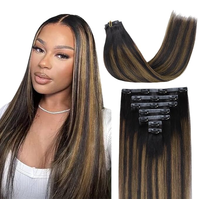 Lashey Seamless Clip in Hair Extensions Human Hair Light Yaki 14 Inch 110g 7pcs Natural Black Mixed Chestnut Brown Clip in Hair Extensions Human Hair for Black Women