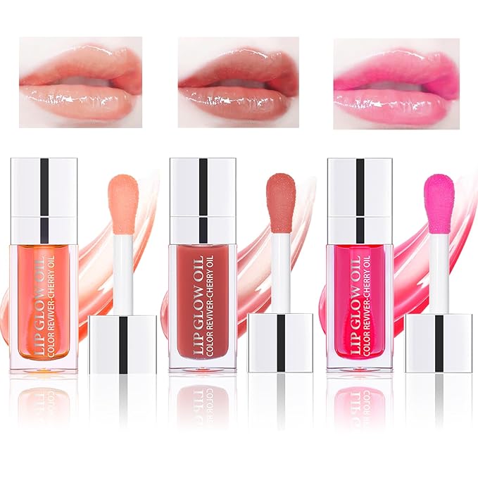 3PCS Lip Oil Set, Hydrating Lip Glow Oil Lip Plumper Gloss, Tinted Lip Oils Transparent Long Lasting Non-sticky Lip Gloss, Plumping Lip Gloss Lip Care Kit (Pink & Rosewood & Cherry)