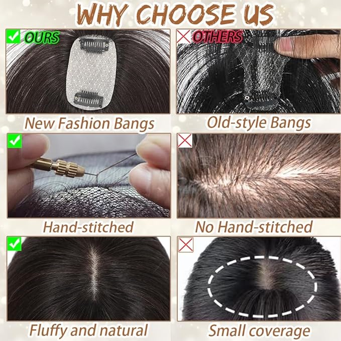 Amchoice Hair Toppers for Women Real Human Hair, Bangs Hair Clip 360° 3D Cover Bangs, Human Hair Toppers for Women Daily(Dark Brown, 3D Wispy Bangs (5 * 9))