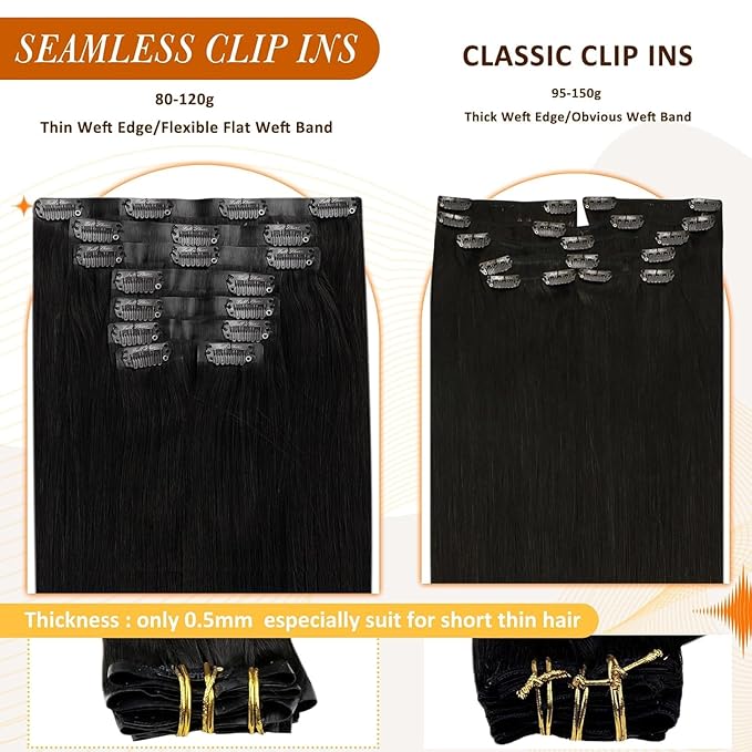 Full Shine Seamless Clip in Hair Extension Black Human Hair Clip in Extensions Jet Black PU Weft Clip in Human Hair Extensions Add Volume Natural Ends For Long Hair 20 Inch 8 PCS 120 G