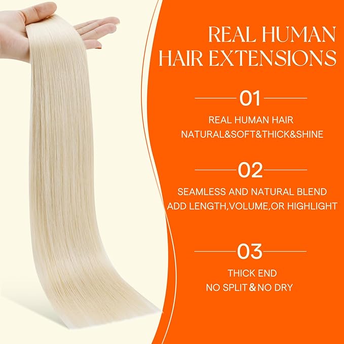 Full Shine Tape in Human Hair Extensions 18Inch Color 1000 White Blonde Invisible Tape in Hair Extensions Human Hair Soft Natural Skin Wef Injected Tape ins 20Pcs 50G for Vlogger Concert