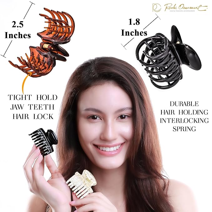 RC ROCHE 6 Pcs Double Claw Hair Clip Tooth Claw Clip Grip Tooth Jaw Clamps Thin Fine Hair Strong Hold No Slip Undo Clutchers for Women, Small Clear Brown and Black