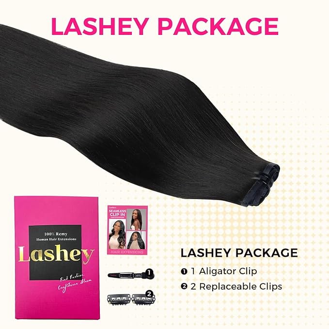 Lashey Seamless Clip in Hair Extensions Human Hair 130g 9pcs #1 Jet Black 16 Inch Light Yaki Straight Clip in Hair Extensions Real Human Hair with Flat PU Invisi Edge Full Pack
