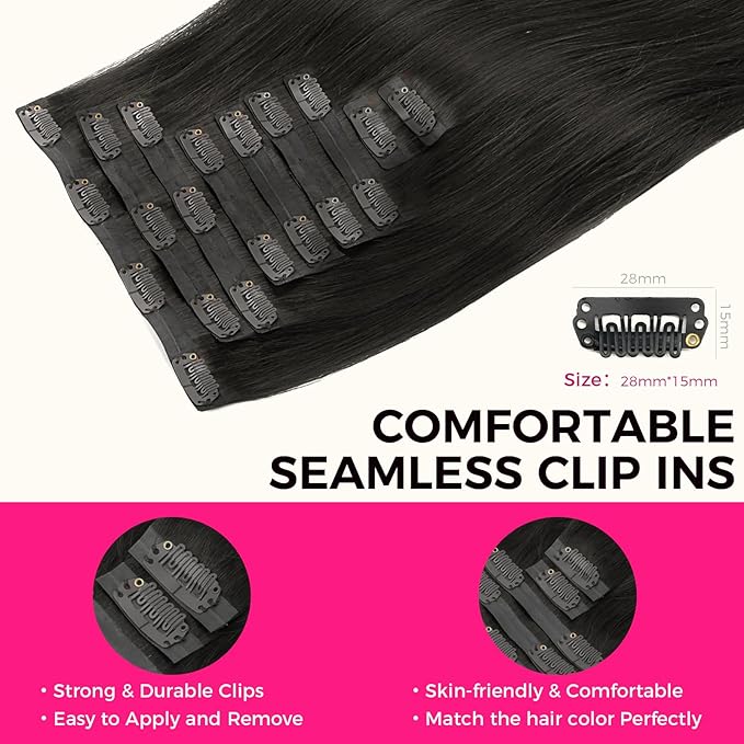 Lashey Clip in Hair Extensions Real Human Hair Seamless Hair Extensions, 9pcs 150g Straight Hair Natural Black #1B 20 Inch Clip in Hair Extension Remy Thick Human Hair with Soft PU Weft
