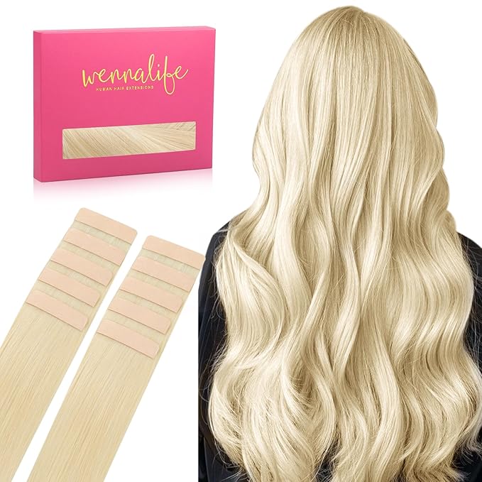 WENNALIFE Tape in Hair Extensions Human HairTape in Extensions, 10pcs 25g 16 inch Remy Invisible Tape Ins Straight Colored