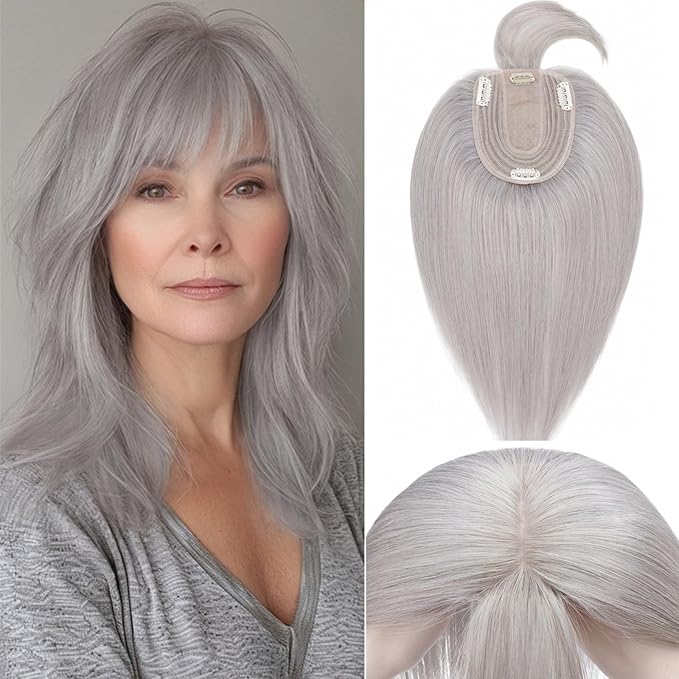 Rich Choices Real Human Hair Toppers for Women With Bang 100% Remy Human Hair Topper for Thinning Hair Clip in Silk Base Hair Topper 10 Inch GREY