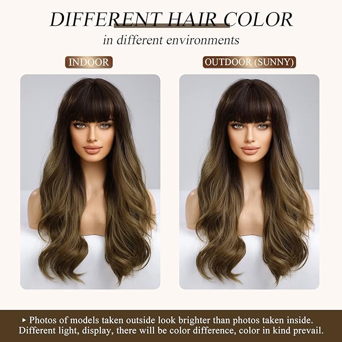EMMOR Ombre Brown Wigs for Women Long Curly Wigs with Bangs Wave Heat Resistant Synthetic Wigs Soft Natural Looking