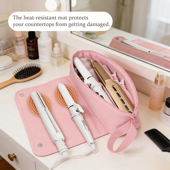 Hair Tools Travel Bag with Heat Resistant Mat, 2-in-1 Hot Hair Tools Organizer for Curling Flat Irons Straighteners Hair Dryer, Styling Tools Storage Bag Portable Travel Case for Women & Stylists