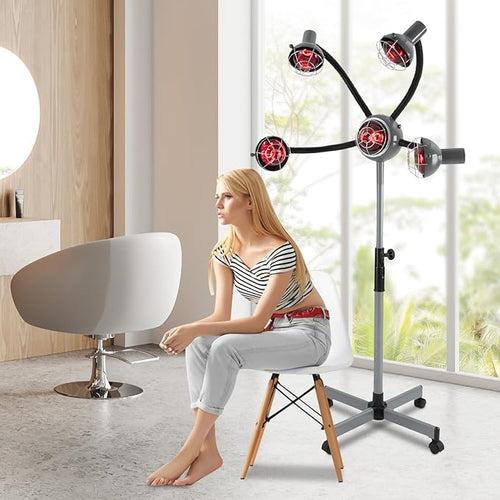 5 Head Infrared Heat Lamp, Adjusting Height Styling Perming Dryer, Salon Heat Lamp Headed Lamp with Rolling Wheels, Multifunction Infrared Lamp Hair Dryer Hair Color Processor Machine (Silver-Grey)