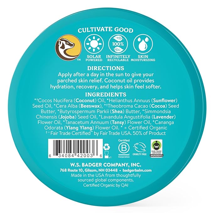 Badger Coconut AfterSun Balm, 100% Organic Soothing Sunburn Relief, Great Smelling, Moisturizing & Hydrating After Sun Skin Care, 2 oz Tin
