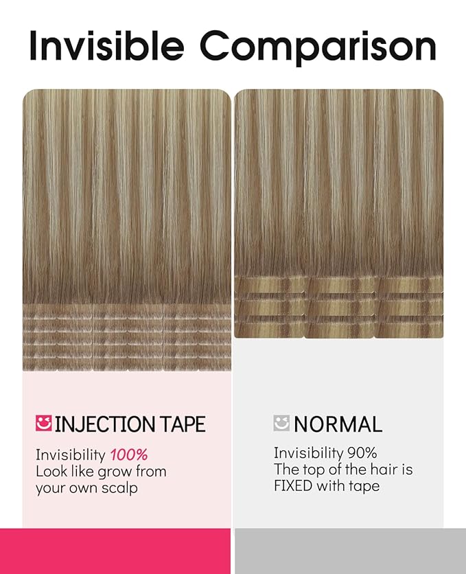 Youngsmile Invisible Tape in Hair Extensions Human Hair #8T60 Ash Brown to Platinum Blonde Balayage Injection Tape in Hair Extensions 20pcs 35g 16 Inch (#8T60,16'')