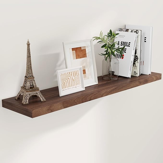 Floating Shelves 48 Inch Long, 48"W x 9"D Wall Shelf Invisible Bracket, 9 Inch Deep Floating Shelf for Wall, Rustic Wooden Shelves for Living Room, Kitchem, Bedroom, Walnut Color, Set of 1