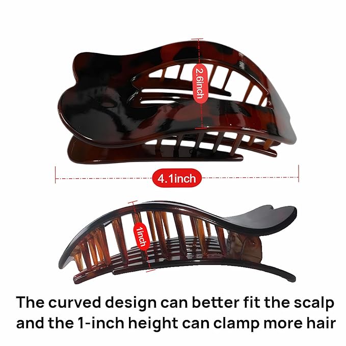 Women Flat Hair Clips,4-Pack French Large Matte Non-Slip Claw Hair Clips for Thick or Thin Hair (Red leopard print,Yellow leopard print,Black,Matte Dark Brown)