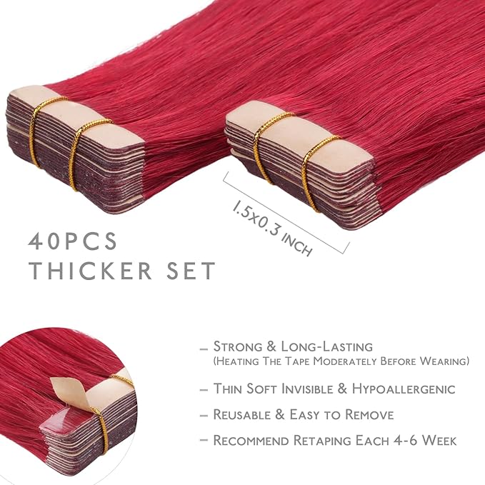 WENNALIFE Tape in Hair Extensions, 40pcs 80g 12 Inch Red Human Hair, Straight Invisible Reusable Real Extensions