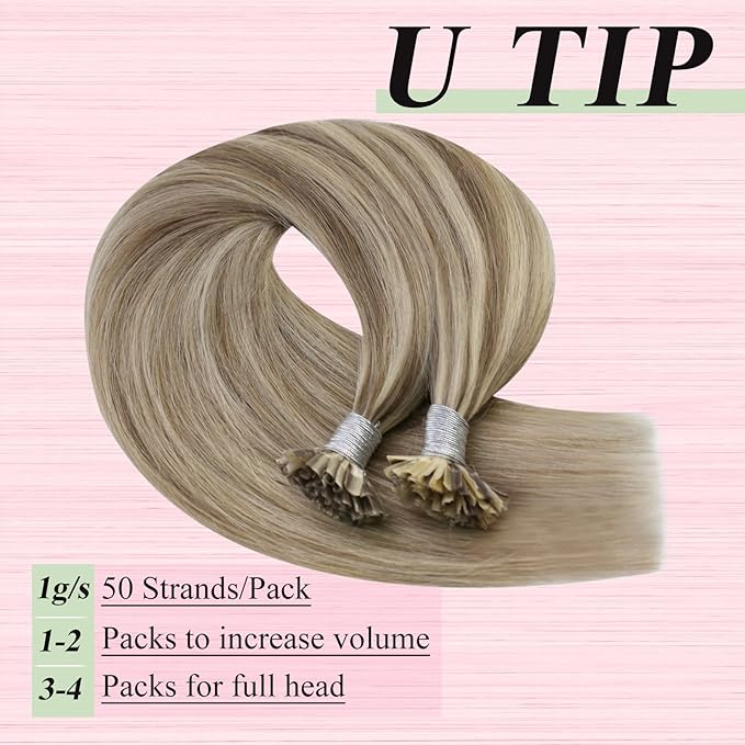 YoungSee U Tip Hair Extensions Human Hair Highlight Light Brown and Blonde Utip Human Hair Extension for Thin Hair Pre Bonded U Tip Remy Hair Extension Hot Fusion K Tip Hair Extensions Soft 50s/50g