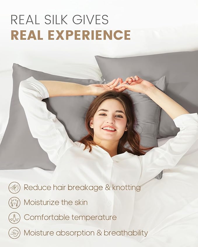 THXSILK Set of 2 100% Mulberry Silk Pillowcases for Hair and Skin, 19 Momme Natural Silk Pillow Cover with Hidden Zipper, Soft Breathable Smooth Organic Silk Pillowcase(Grey, Queen Size 20"x30")